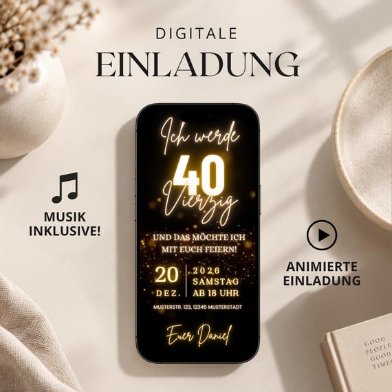 Animierte Video Einladung zum 40. Geburtstag mit Musik, WhatsApp eCard in Schwarz Gold, Canva Vorlage