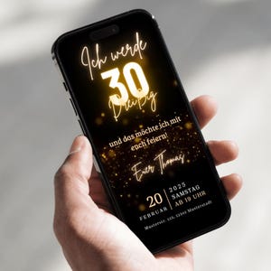 Digitale Einladung 30. Geburtstag | Animiertes Neon-Gold Design | Editierbare Canva-Vorlage | Sofort-Download MP4/PNG für WhatsApp & E-Mail