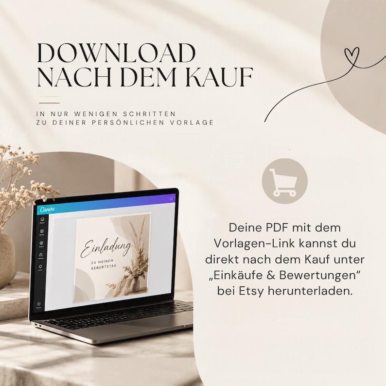 May include: A laptop displaying a Canva interface with a birthday invitation template. Text reads: DOWNLOAD NACH DEM KAUF, IN NUR WENIGEN SCHRITTEN ZU DEINER PERS&Ouml;NLICHEN VORLAGE, and instructions for downloading a PDF with a template link from Etsy.