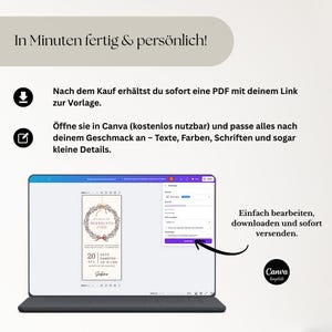 May include: A laptop displaying a Christmas-themed template in Canva. The screen shows a design with a wreath, text, and date. The text at the top says "In Minutes ready & personal!" and the bottom right corner says "Canva template."
