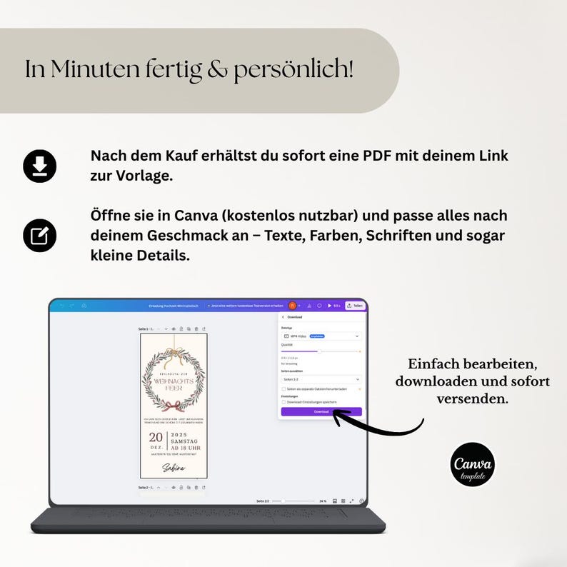 May include: A laptop displaying a Christmas-themed template in Canva. The screen shows a design with a wreath, text, and date. The text at the top says "In Minutes ready & personal!" and the bottom right corner says "Canva template."