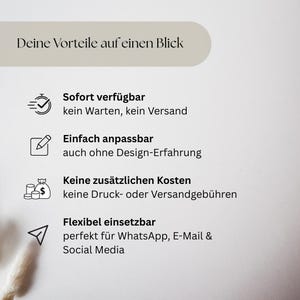 May include: A graphic with text in German, including "Deine Vorteile auf einen Blick." The text highlights features like immediate availability, easy customization, no extra costs, and flexible use for social media and email.