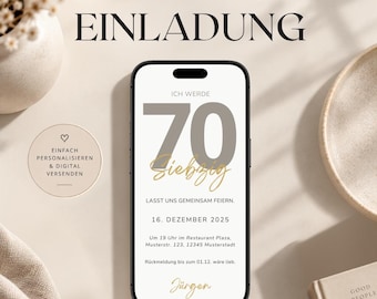 Digital 70th Birthday Invitation Template in White and Gold | Animated WhatsApp Invitation