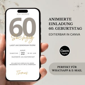 Digitale Einladung 60. Geburtstag – Animierte WhatsApp Einladung | Minimalistische Canva Vorlage| Einladung 60 Jahre | Sofort Download