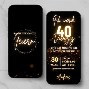 Invitación animada para 40 cumpleaños | Invitación dorada y negra para WhatsApp | Plantilla editable de Canva imagen 1