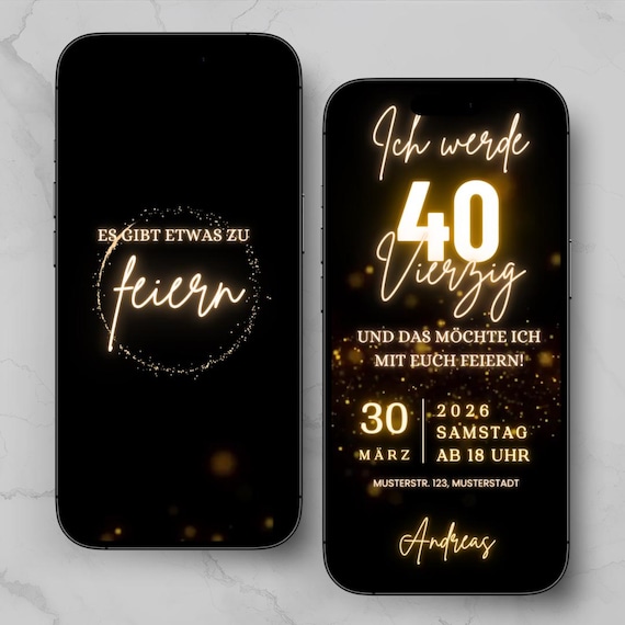 40. Geburtstag Einladung Animiert | Gold Schwarz WhatsApp Einladung | Editierbare Canva Vorlage
