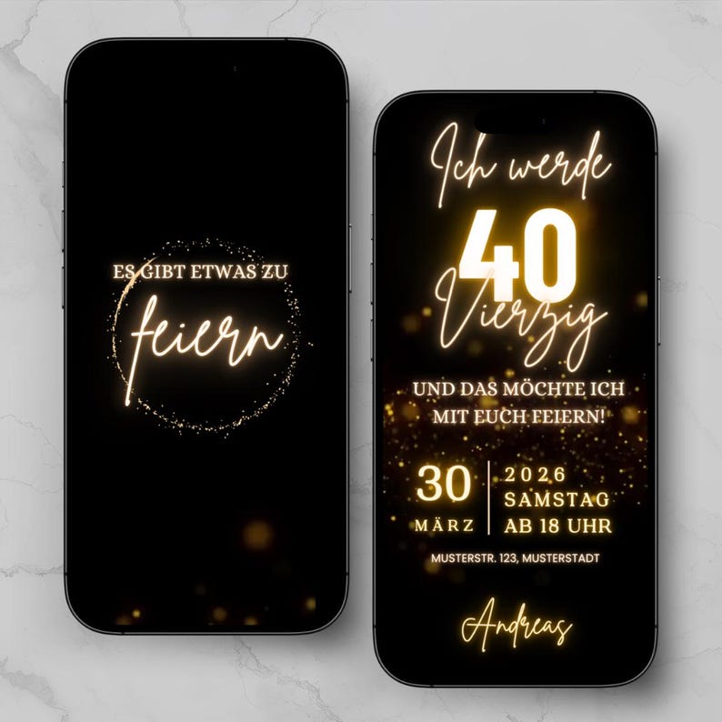 Invitación animada para 40 cumpleaños | Invitación dorada y negra para WhatsApp | Plantilla editable de Canva imagen 1
