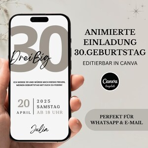 Convite digital para 30º aniversário, modelo editável do Canva, cartão eletrônico com vídeo animado, design minimalista, download de MP4 e PNG