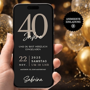 Animierte Einladung 40. Geburtstag | Digitale WhatsApp Einladung | Modern Schwarz Beige | Canva Vorlage