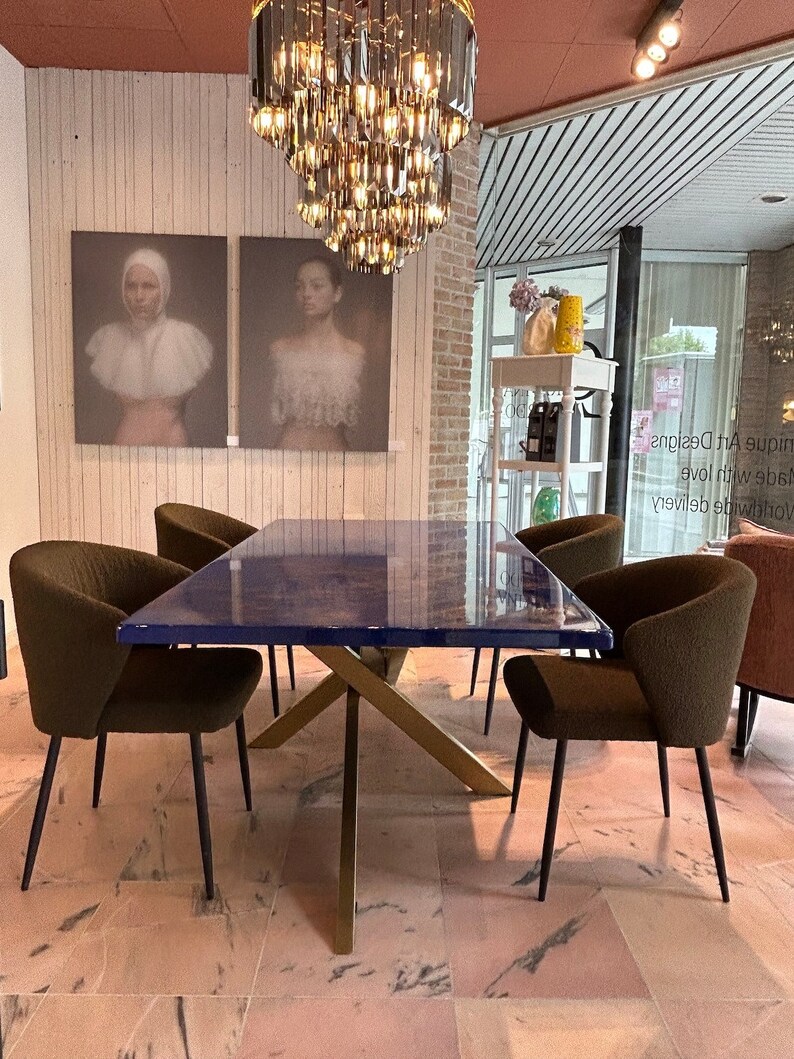 Made to Order Epoxy Dine Table Royal Blue and Gold Cloudy Etsy