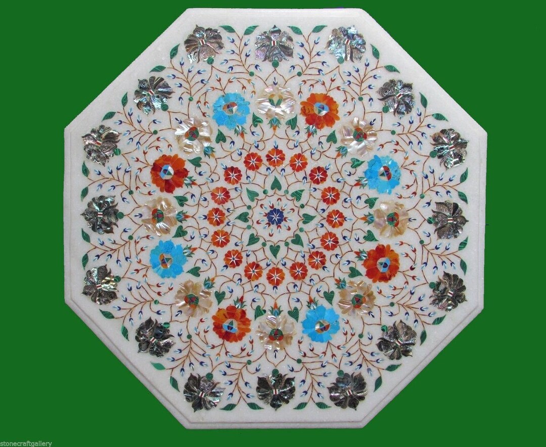 White Round Marble Coffee Table Top Semi Precious Stones Inlay Etsy