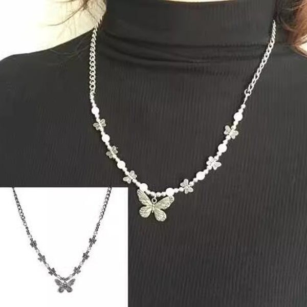 Butterfly Pendant Necklace for Women Silve Pearl Choker Metal Chain Handmade Jewelry Birthday Gift Silver Necklace