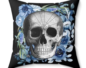 Skull and flowers Square Pillow, Blue roses and skull pillow, Gothic home decor