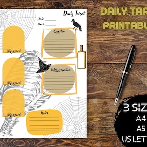 Diario dei tarocchi stampabile per streghe principianti, stesura giornaliera di tre carte, diario dei tarocchi giornaliero, stesura giornaliera dei tarocchi, A4, A5, lettera USA, PDF,