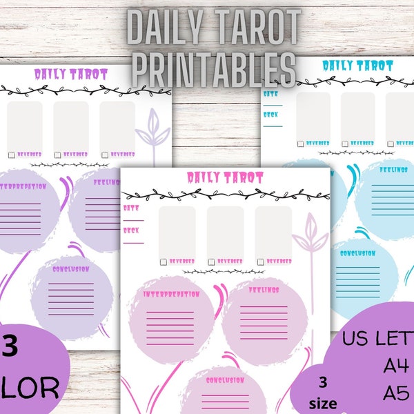 Tarot journal printable for Beginner Witches, Daily Three Card Spread, Daily Tarot Journal, Daily Tarot Spread, A4, A5, US Letter, Pdf