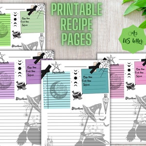May include: Four printable recipe pages with a witchy theme. Each page has a black and white illustration of a cauldron, a witch's hat, a broom, and a spider web. The pages are in different colors: green, purple, blue, and pink. The text "Printable Recipe Pages" is at the top of the image. The text "As US Letter" is in a green circle in the upper right corner of the image.