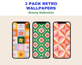 Retro 70s iPhone Wallpapers, Vintage Pink Green Digital Download Phone Background, Cute Indie Hippie Abstract Floral Psychedelic Aesthetic
