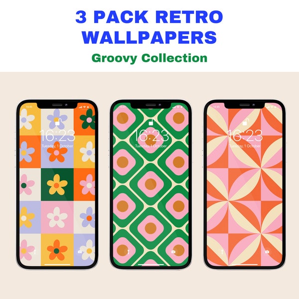 Retro 70s iPhone Wallpapers, Vintage Pink Green Digital Download Phone Background, Cute Indie Hippie Abstract Floral Psychedelic Aesthetic