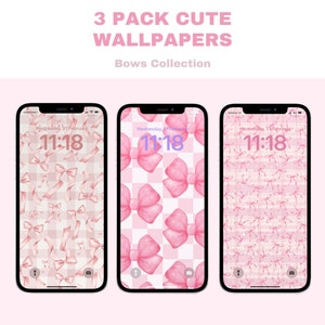May include: Three pink and white phone wallpapers with a bow pattern. The text "3 PACK CUTE WALLPAPERS" and "Bows Collection" is at the top of the image.