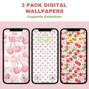 May include: A 3 pack of digital wallpapers titled 3 PACK DIGITAL WALLPAPERS Coquette Collection. Three smartphones display different patterns: one with pink cherries and bows on a gingham background, one with small cherry icons, and one with red cherries.