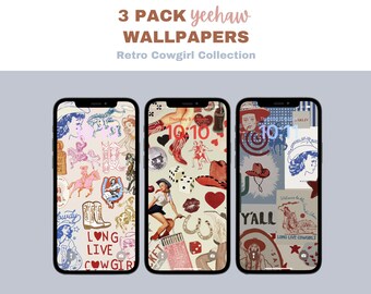 May include: Three phone wallpapers featuring a retro cowgirl theme. The wallpapers are a collage of images including a cowgirl riding a horse, a cowboy hat, a horseshoe, and the text "Long Live Cowgirls".