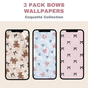 Puede incluir: Tres fondos de pantalla para teléfono con diferentes patrones de lazos. El primer fondo de pantalla tiene un fondo blanco con osos de peluche marrones y lazos negros. El segundo fondo de pantalla tiene un fondo azul con lazos rosas y azules. El tercer fondo de pantalla tiene un fondo rosa con lazos negros sobre una cuadrícula blanca.