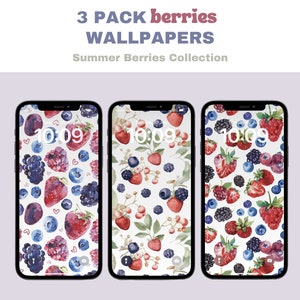 May include: Three phone wallpapers featuring a summer berry pattern. The wallpapers feature strawberries, blueberries, raspberries, and blackberries in a watercolor style.