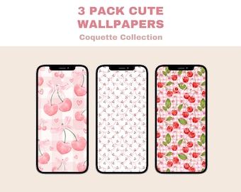 Coquette Ballet Core iPhone Wallpapers, Pink Bows Red Cherries Digital Download Phone Background, Dainty Cute Soft Feminine Preppy Aesthetic