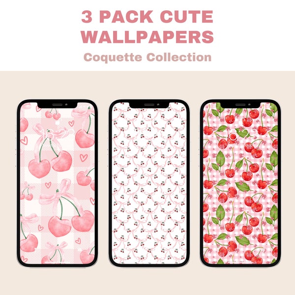 Coquette Ballet Core iPhone Wallpapers, Pink Bows Red Cherries Digital Download Phone Background, Dainty Cute Soft Feminine Preppy Aesthetic