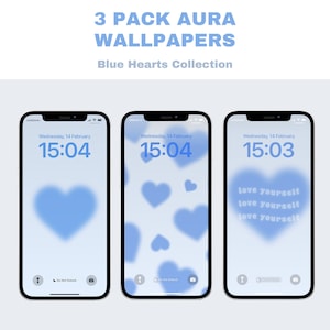 May include: Three phone screen wallpapers with a blue heart theme. The first wallpaper has a single large blue heart in the center. The second wallpaper has multiple smaller blue hearts scattered across the screen. The third wallpaper has a large blue heart with the text "love yourself" repeated three times.