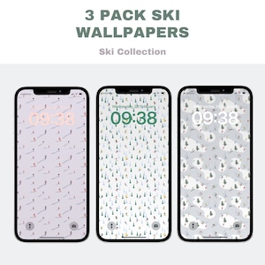 Può includere: Tre sfondi per telefono che mostrano una scena di sci invernale con sciatori e alberi su uno sfondo bianco. Gli sfondi fanno parte di una collezione di sci.