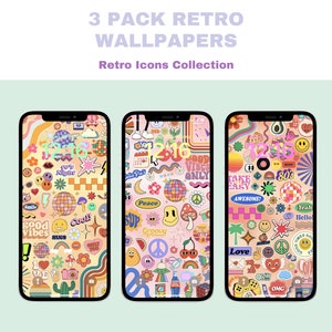 Könnte beinhalten: Drei Retro-Handy-Hintergründe mit einer Sammlung von bunten Symbolen und Grafiken. Die Hintergründe sind in einem rosa, gelben und orangenen Farbschema gehalten und zeigen eine Vielzahl von Retro-Symbolen, darunter Friedenssymbole, Smiley-Gesichter und Herzen.