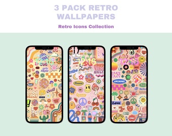 Retro Icons iPhone Phone Backgrounds Wallpapers, Green Pink Purple Pastel Vibrant Hippie Indie Aesthetic, Vintage 70s 80s 90s Lockscreen iOS