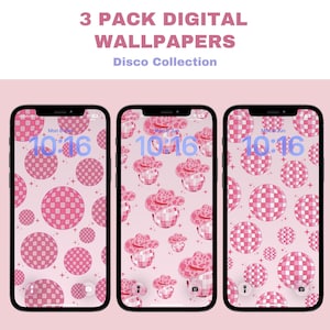 May include: A 3 pack of digital wallpapers from the Disco Collection displayed on three smartphones. The screens feature pink checkered disco balls and pink cowboy hats on a light pink background. The text 3 PACK DIGITAL WALLPAPERS is visible.