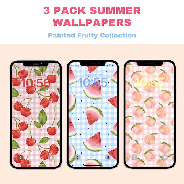 Cherries Watermelon Peaches iPhone Phone Backgrounds Wallpapers, Red Pink Blue Green Summer Aesthetic, Digital Download Fruit Checkers iOS