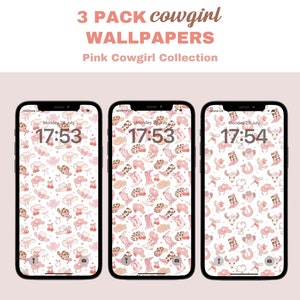 May include: Three phone wallpapers with a pink cowgirl theme. The wallpapers feature a white background with pink and brown cowgirl-themed illustrations, including boots, hats, and stars. The time is displayed on each phone screen as 17:53 and 17:54.