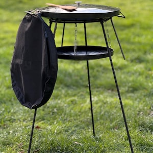 Heavy Duty Cowboy Wok with Metal Stand MAXI Set, Plow Disc Cooker, Personalized Campfire Pan with Lid, Fire Cooking Skillet with Stand