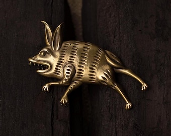 Ye Hare brooch – Medieval Brass Marginalia Beast Unhinged Rabbit pin