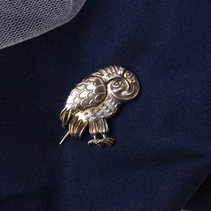 Pode incluir: Um broche de coruja em tom prateado com gravuras detalhadas nas penas das asas e um pequeno detalhe em tom dourado nas penas da cauda. A coruja é representada de perfil com uma cabeça arredondada e garras visíveis.