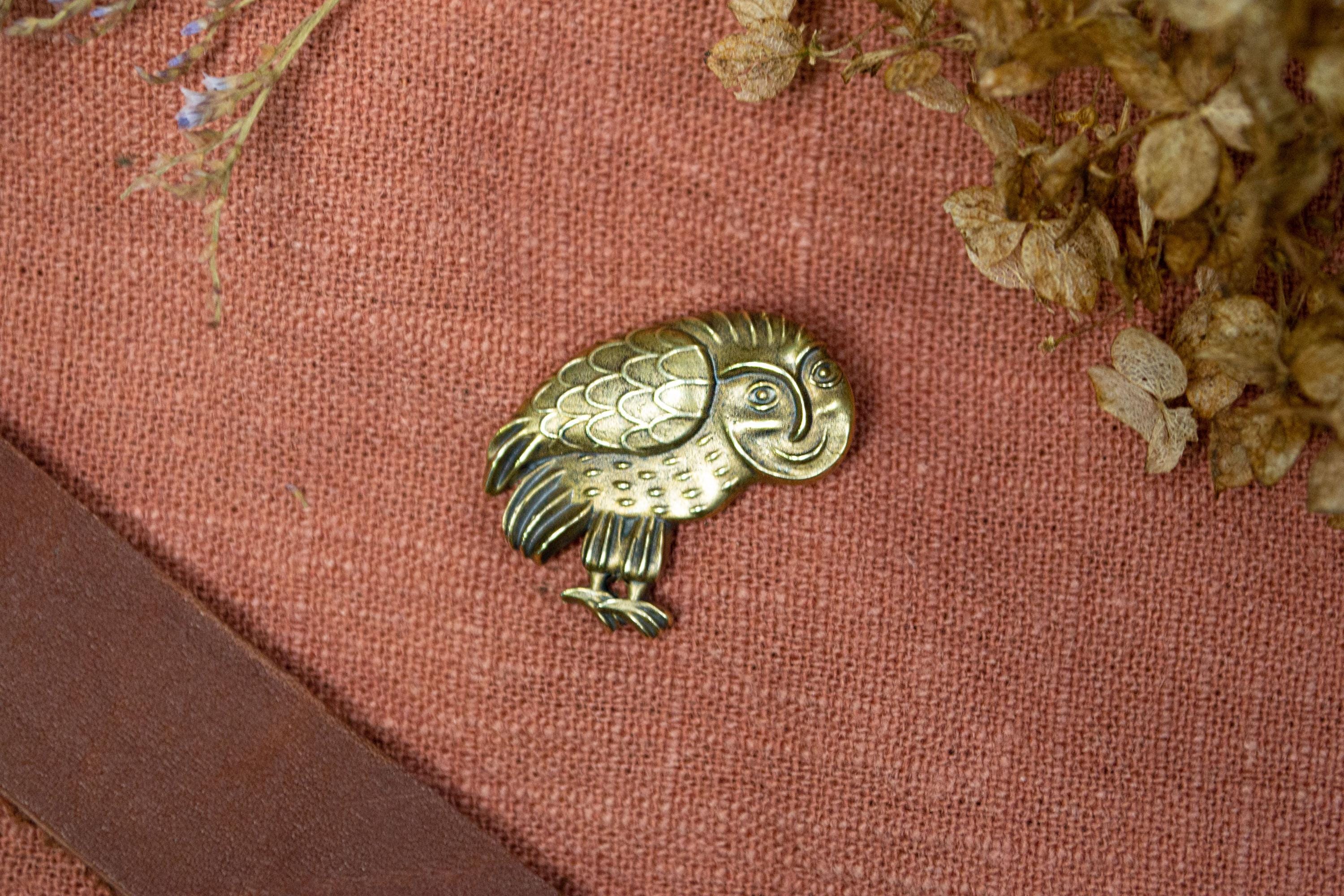 Weird sleep deprived Medieval Owl badge &ndash; Brass Marginalia Pin
