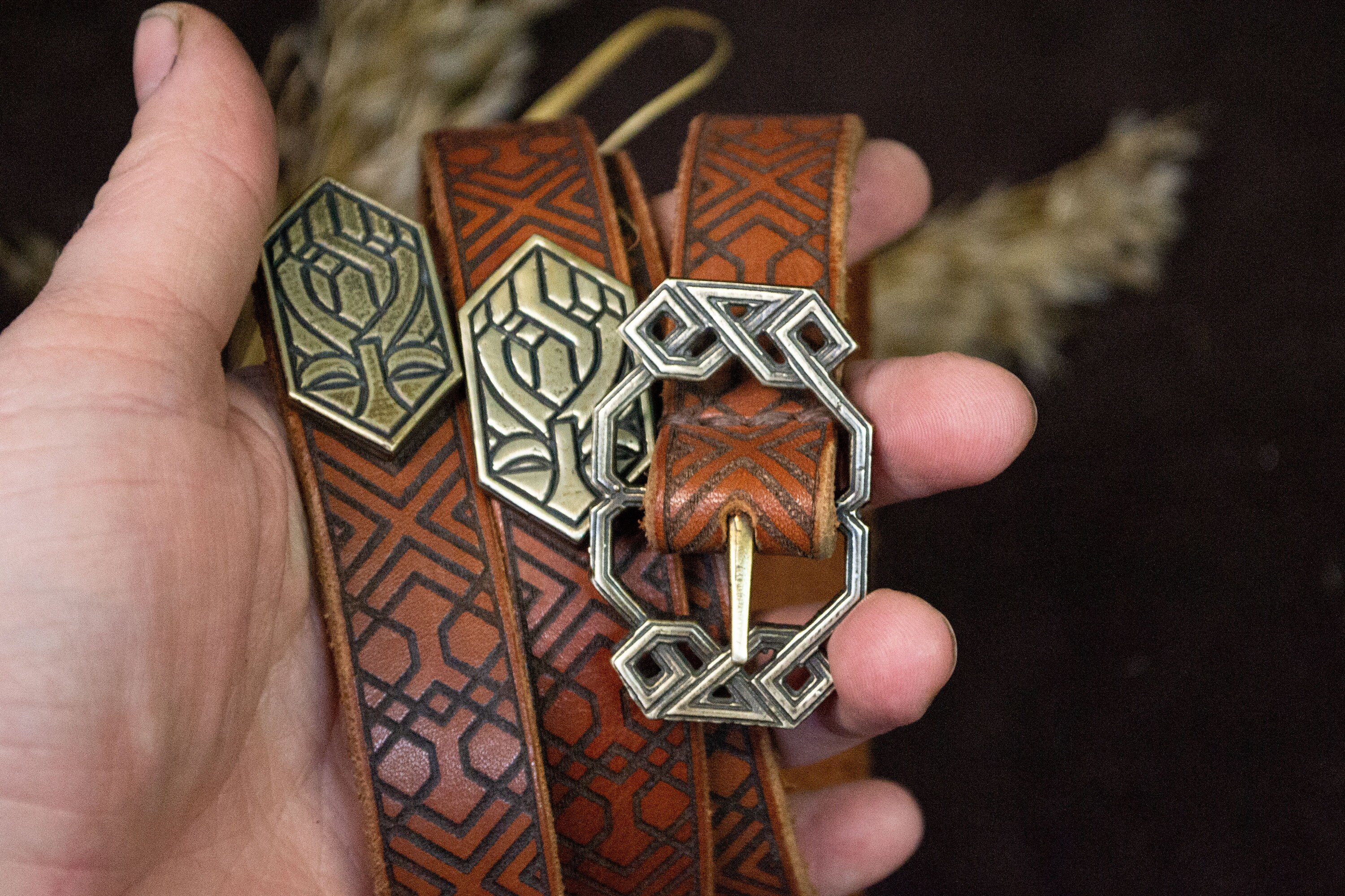 Handmade Black Leather Belt with Copper Geometric Pattern Leather Belt Aztec Pattern / Men main image 3