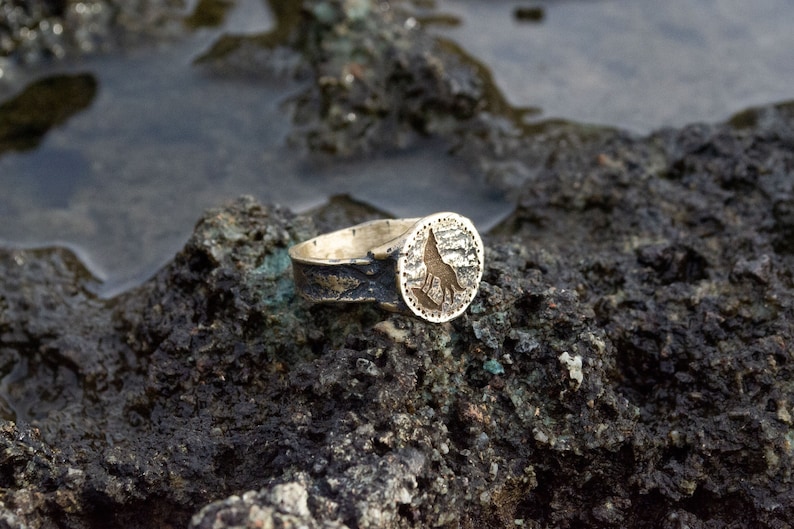 May include: A silver ring with a wolf silhouette design on a dark gray rocky surface.
