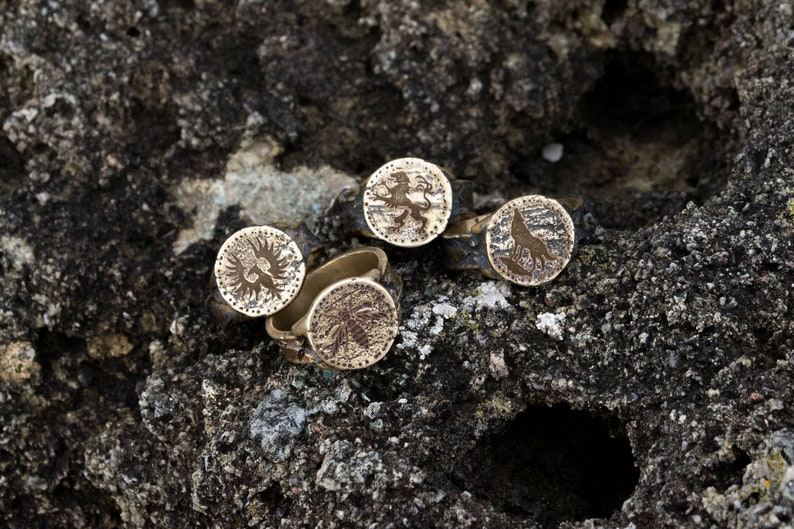 May include: Four silver rings with different designs. The rings are on a dark gray rocky surface. The designs include a lion, a wolf, a sun, and a tree.