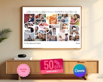 Personalized Sister Photo Collage Frame, Custom Memory Collage Gift, Editable Canva Template, Sister Wall Art, Birthday Gift