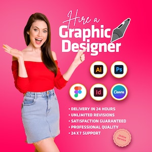 Op de afbeelding: Advertentie voor een grafisch ontwerper op een roze achtergrond. De tekst "Hire a Graphic Designer" staat in het wit. Pictogrammen voor ontwerpsoftware worden getoond. Een vrouw in een rode top en spijkerbroekrok wijst naar de tekst. Service details.