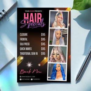 Hair Salon Wig Sale Flyer, Braiding Price List, Wig Deals and Hair Specials Flyer - Hairstylist Price List for Install Services