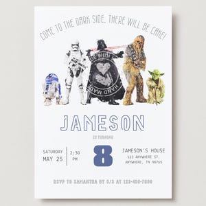 Faire-part d'anniversaire Star Wars avec. Carte de remerciement + étiquettes de sac + drapeaux pour cupcakes GRATUITES !