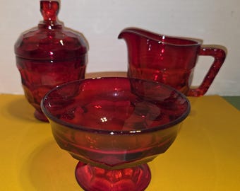 Vintage Viking Glassware Ruby Red Set: Georgian, Cream and Sugar, Dessert Bowl