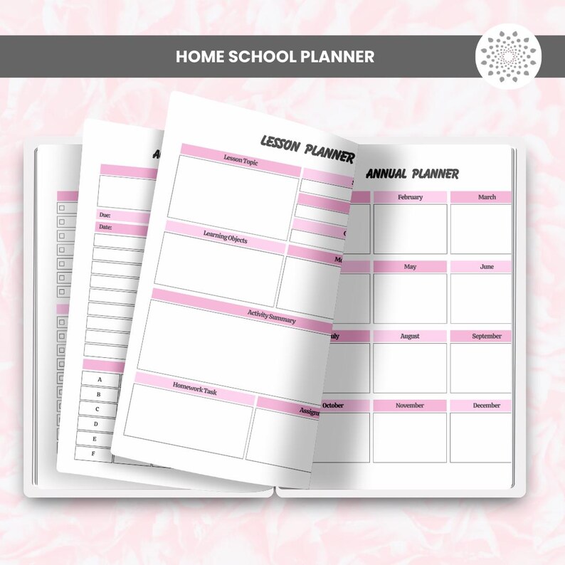 May include: Open home school planner with pink accents. The planner includes sections for lesson planning, annual planning, and homework tasks. The text "HOME SCHOOL PLANNER" is at the top. The pages are white with pink borders and text.