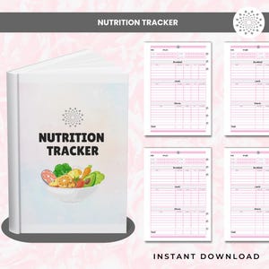 Op de afbeelding: Een printbare voedingstracker met een roze en wit ontwerp. De omslag toont een kom met fruit en groenten met de tekst "NUTRITION TRACKER".